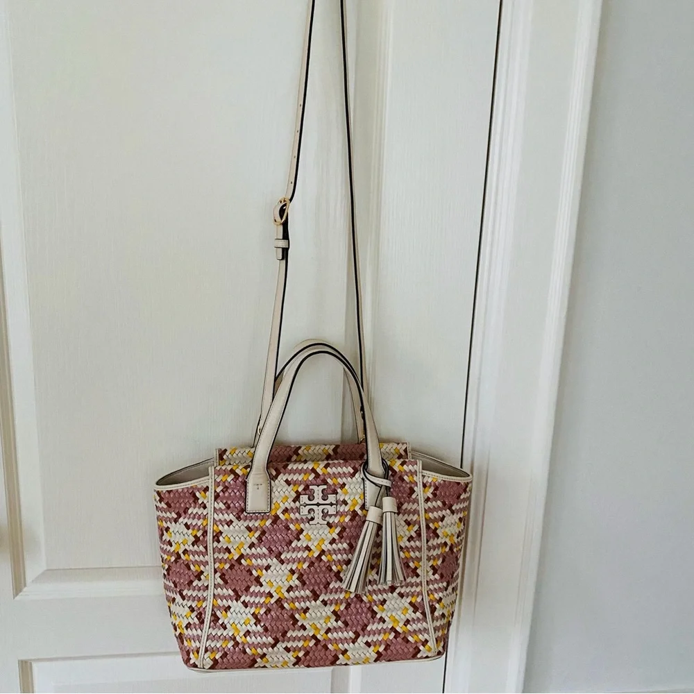 $595 Tory Burch Thea Woven Cream Pink Leather Tassels Crossbody Satchel Bag